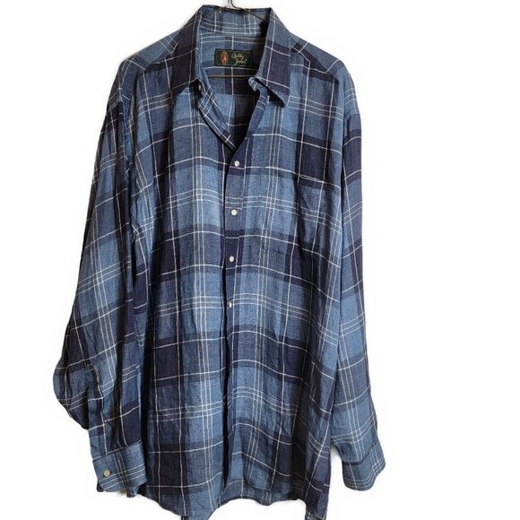 BOBBY JONES 100% Linen blue plaid shirt - sz L - Picture 1 of 4